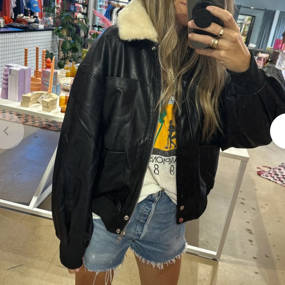 NWT Faux Leather Bomber Jacket with off White Faux Fur Trim